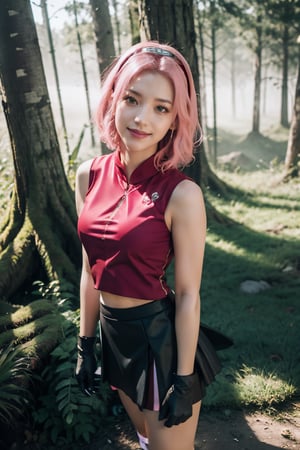 masterpiece, best-quality, photorealistic, raw photo,

1girl, sakura haruno, (green eyes:1.2), hairband, short hair, (pink hair:1.4), (small breast:1.2), bare shoulders, (black gloves:1.2), forehead protector, konohagakure symbol, ninja, (red shirt:1.5), shirt, (sleeveless:1.2), sleeveless shirt, (black short skirt:1.5), (tight shorts:1.2)

looking at viewer, smiling, top view, from above, intense angle, top_view_perspective

japanese old forest, torii, tree, stone, grass, 

backlighting, fog, day lighting, birch light, sun rays, volumetric light,haruno sakura,
