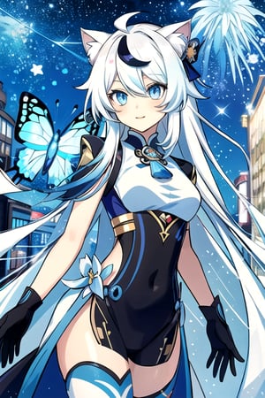 Ping's Blac eyes Black streaks in hair White Hair Long Hair Has Cat Ears blue wearing Modern City Uniform , mecha musume, crystal, robot, thin starry cheeks,shodanSS_soul3142,kirara /(genshin impact/) Butterfly Long Hair