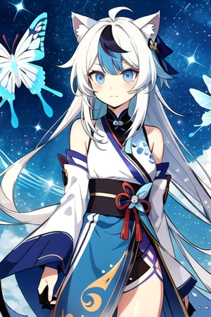 Ping's Blac eyes Black streaks in hair White Hair Long Hair Has Cat Ears blue wearing Modern City Uniform , mecha musume, crystal, robot, thin starry cheeks,shodanSS_soul3142,kirara /(genshin impact/) Butterfly Long Hair