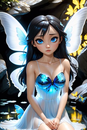 (masterpiece) (resolution: 1.3) (character) (woman 1), solo woman, in the cave, water light hits the face, 3D model, blue butterflies and fireflies, blue eyes, black hair, angel outfit, dress white, yellow makeup, has angel wings, confused face, fair skin,,beautiful butterfly dress,,dress with glitter,,layered dress in the cave, blue water reflection,kaede,1 girl,real hands,Long hair,wet, black hair,DonMF41ryW1ng5,chibi,open_pussy