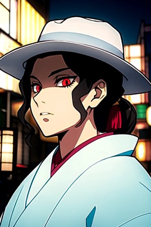 wears a white hat and has red eyes like a demon being in a japanese city he almost looks like michael jacson detailed images neat at night