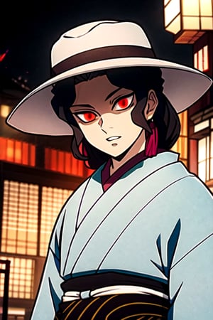 wears a white hat and has red eyes like a demon being in a japanese city he almost looks like michael jacson detailed images neat at night
