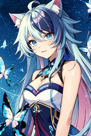 Ping's blue eyes Pink streaks in hair Blue Hair Long Hair Has Cat Ears blue wearing Modern City Uniform , mecha musume, crystal, robot, thin starry cheeks,shodanSS_soul3142,kirara /(genshin impact/) Butterfly Long Hair