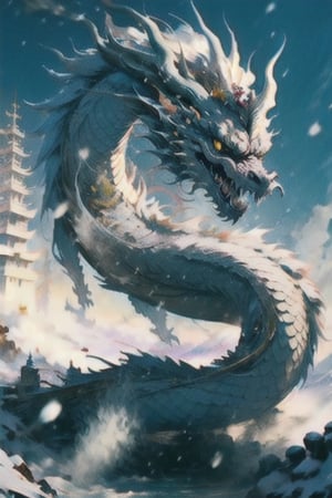 (masterpiece) (resolution:1.3) (best masterpiece),,white dragon,,on the snow mountain,,yellow eyes,,is raging,,is flying,long