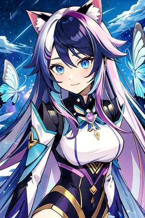 Blue eyes purple Pink streaks in hair Hair Cream Long Hair Has Have Cat Ears blue in wearing Modern Uniform In Town , mecha musume, crystals, robots, thin cheeks starry,shodanSS_soul3142,kirara /(genshin impact/) Butterfly Long Hair