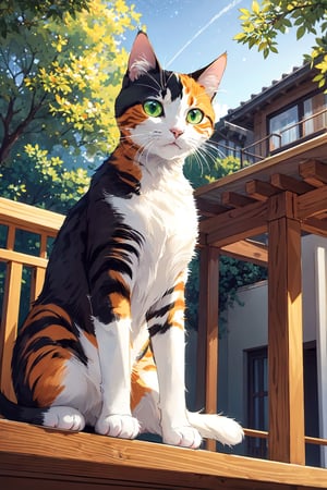 ( masterpiece )( high resolution :1.3 ) (best quality) ( character)paint,,orange,,green eyes( background ) ( high resolution :1.3 ) ( best quality ) ( background ),,balcony,, in the afternoon day,, there are stars,, and trees,, (cat pose),, sitting cat pose,, cat on a wooden balcony,, (cat expression),, daydreaming,, one orange cat,, little cat