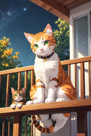 ( masterpiece )( high resolution :1.3 ) (best quality) ( character)paint,,orange,,green eyes( background ) ( high resolution :1.3 ) ( best quality ) ( background ),,balcony,, in the afternoon day,, there are stars,, and trees,, (cat pose),, sitting cat pose,, cat on a wooden balcony,, (cat expression),, daydreaming,, one orange cat,, little cat