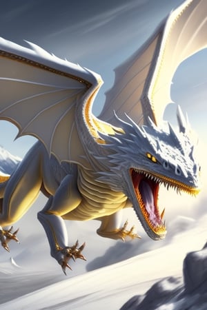 (masterpiece) (resolution:1.3) (best masterpiece),,white dragon,,on the snow mountain,,yellow eyes,,is raging,,is flying,long,1 girl