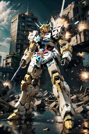 Realistic, (masterpiece1.2), (Ultra HDR quality),
City chaos unfolds as Gundam Mobile Suits of opposing factions collide in the blazing cityscape. The artwork depicts combat in a "dynamic" style, emphasizing the kinetic energy of the gundam's movement. The mood is a mix of danger and determination, reflecting the gravity of the situation. Illuminated by an explosive beam, the lighting style provides an intense and fiery atmosphere. This illustration is drawn in the style of Yoshiyuki Tomino. T-shirt design graphic, vector, contour, white background.

full body armor Black high detail and gold section detail, hitech armor detail, lethal look, cybernetic, perfect solid eyes, Mecha, black mask, proportional body, (gundam color: Black,White,yellow) gundam claw color:yellow BLACK GUNDAM,RING