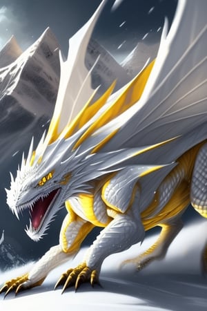 (masterpiece) (resolution:1.3) (best masterpiece),,white dragon,,on the snow mountain,,yellow eyes,,is raging,,is flying,long,1 girl
