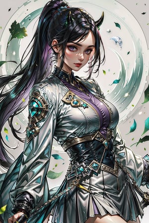 (Masterpiece) (high resolution :1.3) (female 1),,Long Hair,,purple hair,purple eyes,,black is cuter,,black short skirt :1.3,,white jacket,,ponytail hair,black horns, ,(modern background :1 ,3 ),, blue city,, pink white moon,, a woman,shennongshi