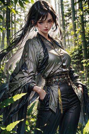 (Masterpiece) (high resolution :1.3) (female 1),,Long Hair,,black hair,,thick hair,brown eyes,,black is cuter,,black short skirt :1.3,,long black trousers,,grey jacket ash,, healer, horsetail hair,, holding a blue cryistal ball, (natural forest background :1,3),, blue city,, young,, a woman, shennongshi,, (Sage Valorant)