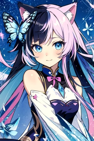 Blue eyes purple Pink streaks in hair Hair Blue Long Hair Has Have Cat Ears blue in wearing Modern Uniform In Town , mecha musume, crystals, robots, thin cheeks starry,shodanSS_soul3142,kirara /(genshin impact/) Butterfly Long Hair