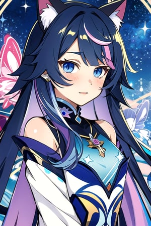 Blue eyes purple Pink streaks in hair Hair Cream Long Hair Has Have Cat Ears blue in wearing Modern Uniform In Town , mecha musume, crystals, robots, thin cheeks starry,shodanSS_soul3142,kirara /(genshin impact/) Butterfly Long Hair