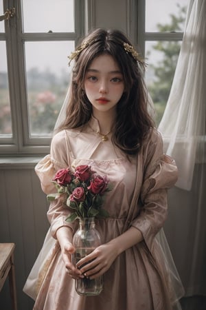 Make me a masterpiece: (best masterpiece) (resolution: 1.3), rose masterpiece, rose in a glass bottle, glass bottle decorated with gold, in a special room, beautiful rose flower, flower rose is red