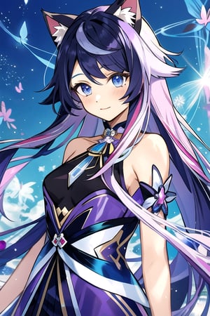 Blue eyes purple Pink streaks in hair Hair Cream Long Hair Has Have Cat Ears Purple in wearing Modern Uniform In Town , mecha musume, crystals, robots, thin cheeks starry,shodanSS_soul3142,kirara /(genshin impact/) Butterfly Long Hair