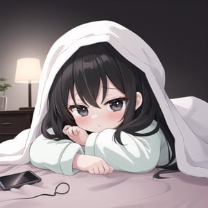 ( masterpiece )( high resolution :1.3 ) (best quality) ( character ) long black hair, tied hair, white and white pajamas, adorable face, black eyes, short girl, slightly flushed cheeks,, (background) ( high resolution : 1.3) (best quality) (background),, very dark room,, dark room, in a room, lights turned off, with house furniture, lying down while playing on a cell phone, background with some furniture for a room like a doll, lots of furniture (pose character), pose of lying character standing character, (character expression), chibi, focused facial expression, adorable theme, playing games in a blanket, cellphone light, character while wearing a blanket, playing games on iPhone, (photo shoot) from middle,twitch emoji,a girl