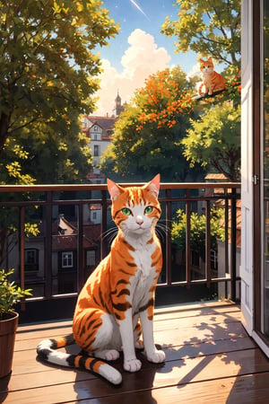 ( masterpiece )( high resolution :1.3 ) (best quality) ( character)paint,,orange,,green eyes( background ) ( high resolution :1.3 ) ( best quality ) ( background ),,balcony,, in the afternoon day,, there are stars,, and trees,, (cat pose),, sitting cat pose,, cat on a wooden balcony,, (cat expression),, daydreaming,, one orange cat,, little cat