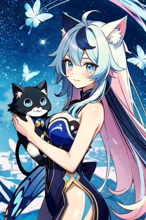 Ping's blue eyes Pink streaks in hair Blue Hair Long Hair Has Cat Ears blue wearing Modern City Uniform , mecha musume, crystal, robot, thin starry cheeks,shodanSS_soul3142,kirara /(genshin impact/) Butterfly Long Hair