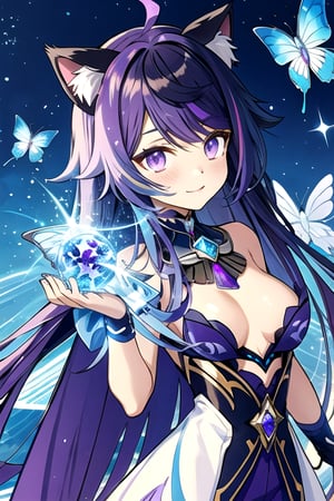 Purple eyes purple blue streaks in hair Hair Cream Long Hair Has Have Cat Ears Purple in wearing Modern Uniform In Town , mecha musume, crystals, robots, thin cheeks starry,shodanSS_soul3142,kirara /(genshin impact/) Butterfly Long Hair