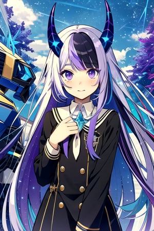 Purple eyes purple blue streaks in hair Hair Cream Long Hair Has Black Horns Purple in wearing School Uniform In Town , mecha musume, crystals, robots, thin cheeks starry,shodanSS_soul3142