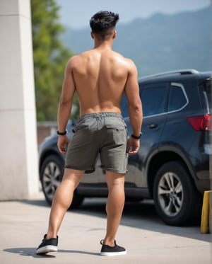 photo from waist level, young man, with black short faded hair, standing backward, posing muscular solo, shirt less, shoes, 1boy, standing, no shirt , muscular male, focus, from behind, looking away, shorts_pants, travel baggy shorts and shoes, fullbody, no face,photo r3al