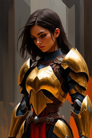 In a dramatic fusion of Heavy Metal and Dungeons & Dragons, this painting delves into the profound self-reflection. Set against an abstract geometric background, the scene explores themes of self-doubt and internal conflict.\n\nAt the center of the composition stands a female warrior, her dark, intricately designed armor adorned with both battle damage and faded glory. Her posture is slumped, her head bowed, and his gaze cast downward, capturing a moment of deep introspection and regret. The armor's metallic surfaces, rendered in warm hues of gold and bronze, contrast with the cool, shadowed tones that emphasize her sense of defeat and disillusionment.\n,FLUX.1 TXT2IMG - Advanced