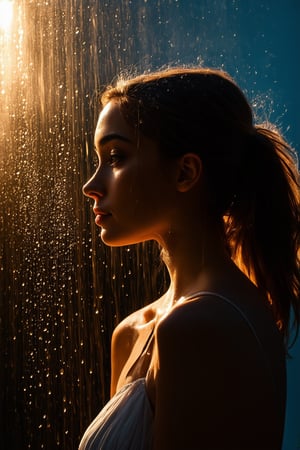 "A young woman is showering, her silhouette illuminated by a warm backlight. The hot light from behind creates a soft, golden glow around her figure, highlighting the curves of her body in a delicate and sensual manner. The steam and water droplets add a layer of mystique, with the light playing off the moisture to create a dreamy, ethereal atmosphere. The overall scene is intimate and elegant, capturing the natural beauty of the moment with a focus on the interplay of light and shadow."