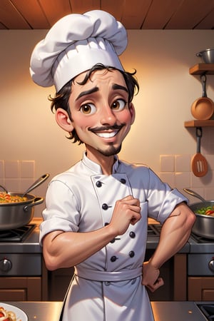 cartoon male chef, cartoon style, cartoon style illustration, cute italian man chef , shaded cel:15, professional illustration, 8k, very happy mood