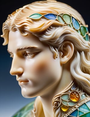 A glass art style of a 24-year-old French man with fair skin and white, straight hair, front view, close-up of his face. (((intricate details))), (((best quality))), (((extreme detail quality))), (((complex composition))), in the style of Louis Comfort Tiffany, Emile Gallé, René Lalique