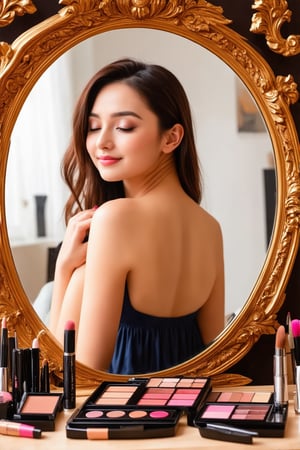 A stunning young woman sits before a ornate cosmetic mirror, surrounded by an array of makeup essentials. In a pose reminiscent of Pino Daeni's style, she gazes into the mirror as if mesmerized by her own reflection. The acrylic painting technique brings forth a kaleidoscope of colors, with soft brushstrokes and delicate blending creating a masterpiece. From a hip-level shot, we gaze upon her back skin, gently curved and inviting. Her profile face, with its subtle smile and closed eyes, is reflected in the mirror, drawing our attention to the intricate details of her features.