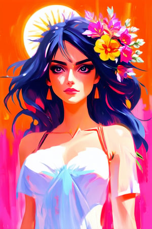 "painting of a latina woman with flowing hair that has flowers in it, there is prominently a sun and a moon symbol, the background is neon orange and pink, painting, anime style, bold, radically female"