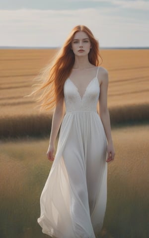 create a hyper-realistic image of a young and beautiful ORANGE LONG HAIR WOMAN, TALL,, WHITE DRESS, EUROPEAN WOMAN,
, 8k, high detailed, sharp focus.,more detail XL,Movie Still, ((full body view:1.4)), shoes,   (whole image within frame),photo r3al,aesthetic portrait, vast field,  EpicSky, 