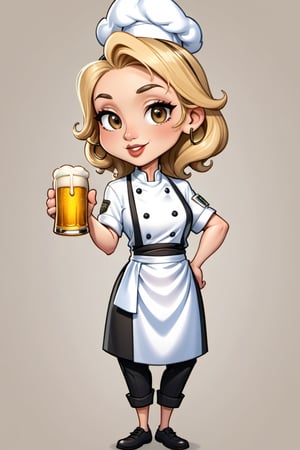 cartoon male chef holding a beer mug and a glass of beer, in cartoon style, cartoon style, caricature illustration, cel shaded!!!, chibi, cartoon style illustration, cute italian man chef, caricature, cartoon art style, holding a beer!!, shaded cel:15, cartoon, blonde, professional illustration, blonde women, blonde woman, 8k
