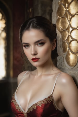 A sultry, intimate shot captures the maid's enigmatic allure: soft focus on her porcelain skin, warm golden lighting dancing across her curves, as she stands before a richly textured stone wall, adorned with ornate metal fixtures and subtle hints of crimson. Her gaze is downcast, yet her full lips seem to whisper secrets, while the delicate lace trim on her maid's uniform adds a touch of fetishistic flair to her tantalizing pose.