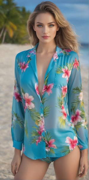 
Imagine the following scene:

a beautiful woman. full body shot.

The woman is outdoors, walking along a serene beach, at night, the full moon is in the background and illuminates the beach. Blurred background.

She wears a Hawaiian shirt suit of many colors, the shirt with very colorful flower designs, the shirt untucked, swim shorts, and sandals.

The woman is from Hawaii. 35yo, average body, very large and bright light blue eyes, angular face, full lips. blush.

Walking, confidence, look at the camera, discreet smile.

(photorealistic), masterpiece: 1.5, beautiful lighting, best quality, beautiful lighting, realistic and natural image, intricate details, everything in sharp focus, perfect focus, photography, masterpiece, meticulous nuances, supreme resolution, 32K, ultra-sharp, quality Details superior, realistic and complex, perfect proportions, perfect hands, perfect feet.