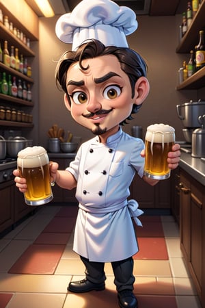 cartoon male chef holding a beer mug and a glass of beer, in cartoon style, cartoon style, caricature illustration, cel shaded!!!, chibi, cartoon style illustration, cute italian man chef, caricature, cartoon art style, , shaded cel:15, cartoon, professional illustration, 8k
