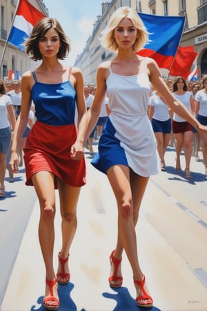 Art. painting  in color 3 sexy slim women,short hair, disheveled, high heels sandals.At the left a brunette in blue mini summer dress, At the center a blonde in white mini summer dress,At the right a brunette in a red mini summer dress,. Marching, french flags in the streets