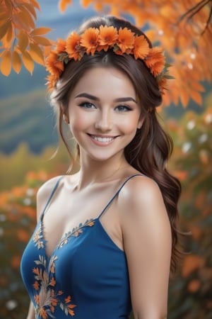 adiant smile, adorned with orange flowers in her hair, wearing a blue dress that matches the sky behind her. She stands amidst autumn foliage, embracing nature's vibrant colors.