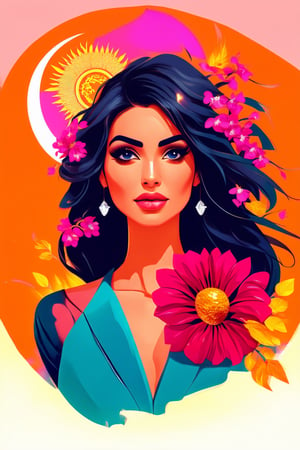 "Realistic latina woman with flowing hair that has flowers in it, there is prominently a sun and a moon symbol, the background is neon orange and pink, bold, radically female"