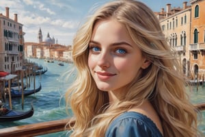 ultra-detailed colored illustration a young woman in her mid-20s with long, flowing blond hair and blue eyes. with friendly smile at Venice, Italy. Features that suggest Italian origin the precision of John Singer Sargent. Capture a recognizable Venetian landmark in the background Rialto Bridge background A: A swirling dreamscape with melting clocks and distorted landscapes, an extremely detailed, masterpiece, stunning illustration, open eyes, A unique blend of art styles, and digital pain