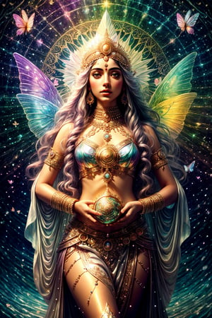 Beautiful Indian Goddess Durga, Elegant Design. The artwork should be inspired by Susan Seddon Boulet, Emily Balivet and Martina Hoffmann. Studio Photo. Ethereal, contemporary, mystical, feminine power, spiritual depth. Colors: Serene Sea, Golden Glow, Passionate Rose, and Pearl White. fractal art, kaleidoscope, mandala, fantasy spellcaster clothes, Highly detailed, Inticate patterns, dynamic pose, floating particles, flowers, plants, butterflies, sparkles, glitter, rainbow, mystical, divine, water, nature, feminine, focusing, high resolution, shadows, masterpiece, best_quality, ultra_detailed, 8k, extremely_clear, photograph, Portfolio piece, beautiful artwork, sharp focus.,Detailedface,Realism,Paint_Style