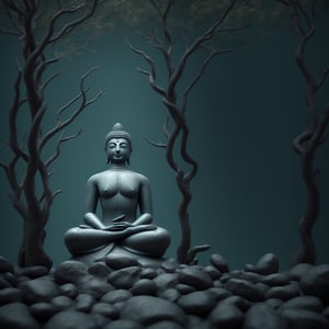 Buddha sitting under a majestic mystical tree with vibrant foliage, symbolizing the interconnectedness of all living beings and the unity of nature. inspired by Zdzisław Beksiński. Elegant Design. Colors: Teal, Black, Red. Intricate, Epic, Vibrant Colors, Cover Photo. ultra high-quality model, Vivid colors, Depth, Intricate details, 8k postproduction, High resolution, Hyperdetailed, Sharp focus, Studio photo, Bright Red. Stunning realistic photograph, 3D renders, Octane render, Isometric, Centered hyper-realistic cover photo, Gritty, Detailed lines, Color blocking, Digital, Insane detail, Front view, Symmetrical, rule of thirds.