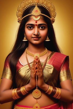 Indian girl with dark brown hair, wheatish skin. She is Goddess Durga. 