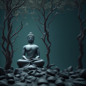 Buddha sitting under a majestic mystical tree with vibrant foliage, symbolizing the interconnectedness of all living beings and the unity of nature. inspired by Zdzisław Beksiński. Elegant Design. Colors: Teal, Black, Red. Intricate, Epic, Vibrant Colors, Cover Photo. ultra high-quality model, Vivid colors, Depth, Intricate details, 8k postproduction, High resolution, Hyperdetailed, Sharp focus, Studio photo, Bright Red. Stunning realistic photograph, 3D renders, Octane render, Isometric, Centered hyper-realistic cover photo, Gritty, Detailed lines, Color blocking, Digital, Insane detail, Front view, Symmetrical, rule of thirds.