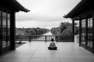  a long-exposure black-and-white photograph of a Zen meditation session in a serene temple garden. Soft morning light illuminates the scene, creating a peaceful atmosphere. Meditators sit gracefully, embracing tranquility. The garden's minimalist design and carefully raked gravel add to the sense of harmony. The shot captures the essence of mindfulness and inner peace. Drawing inspiration from Hiroshi Sugimoto, expect a long-exposure black-and-white photograph, emphasizing stillness and timelessness. The high-resolution image will showcase every subtle detail, evoking a meditative experience for the viewers.