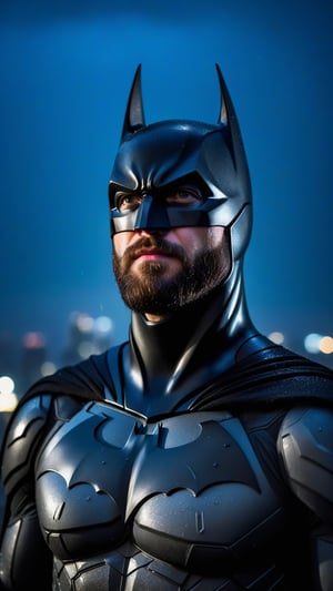 Professional portrait of batman, bearded, looking up, raining, wet, wet hair, night time, on rooftop, white glowing eyes