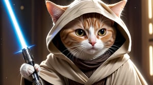 (cat:1.3), a master jedi cat, star wars, holding lightsaber, wearing a jedi cloak hood, photorealistic,cat