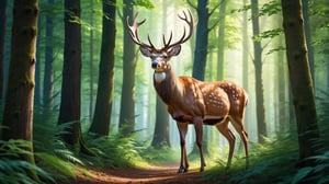 Hyperrealistic photo, distant shot of a beautiful deer, a very large male deer, with large antlers, is in a forest. The deer walks very slowly through the very lush forest, with large trees, the light enters through the leaves of the trees. The light creates a contrast of shadows on the animal. Beautiful scene, ultra detailed, hyperrealistic, colorful, distant.