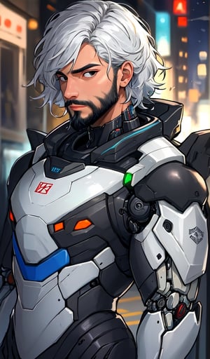 Portrait photo of muscular bearded guy in a mechanical suit, light bokeh, intricate details, metallic suit, elegant, sharp focus, vibrant colors, detailed face, black and white hair, streets, futuristic suit, black eyes, robotic body